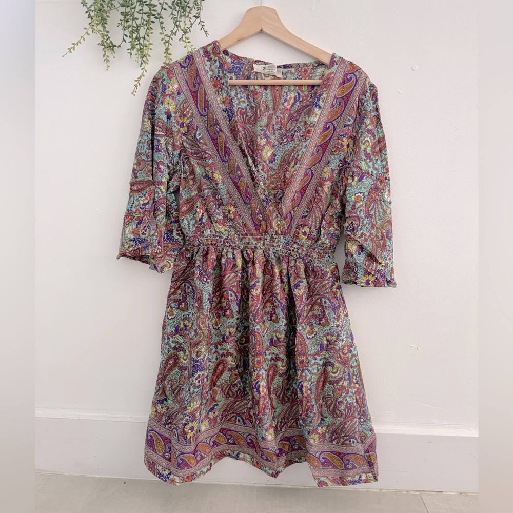 Boho Silk Blend Paisley Print V-Neck Dress